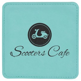 Customized 4" x 4" Square Laserable Coaster, Teal Leatherette  Customized 4" x 4" Square Laserable Coaster, Teal Leatherette