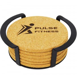 6 Pc. Round Cork Coaster Set with Black Metal Stand with Logo