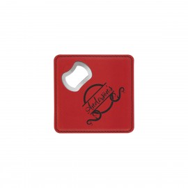 Custom 4" x 4" Square Red Leatherette Coaster w/ Bottle Opener