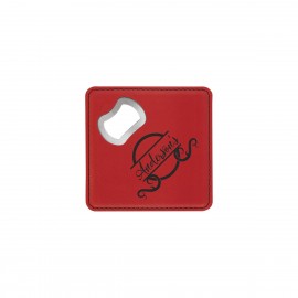 4" x 4" Square Red Leatherette Coaster w/ Bottle Opener with Logo  4" x 4" Square Red Leatherette Coaster w/ Bottle Opener with Logo