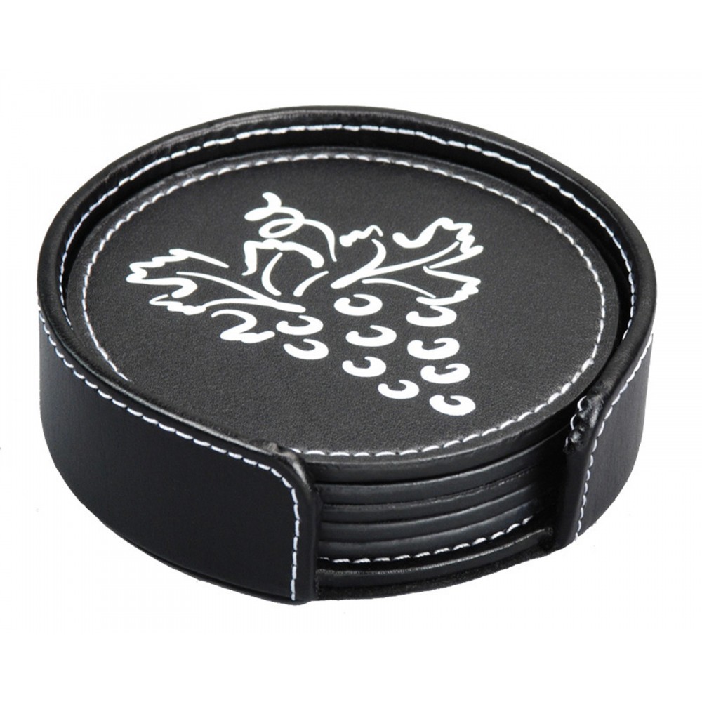 Logo Branded Aspen Coasters w/ White Stitching - Set of 4 with Molded Base Logo Branded Aspen Coasters w/ White Stitching - Set of 4 with Molded Base