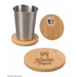 Union Printed - 4 inch Round Bamboo Coaster with Beer Opener - Laser Engraved Logo with Logo