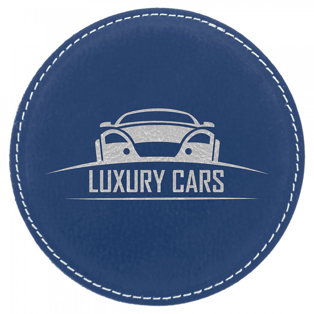 4" Round Laserable Coaster, Blue-Silver Leatherette with Logo