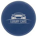 4" Round Laserable Coaster, Blue-Silver Leatherette with Logo