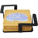 Promotional 4 Pc. Bamboo Square Coaster Set with Black Metal Stand
