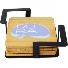 4 Pc. Bamboo Square Coaster Set with Black Metal Stand with Logo