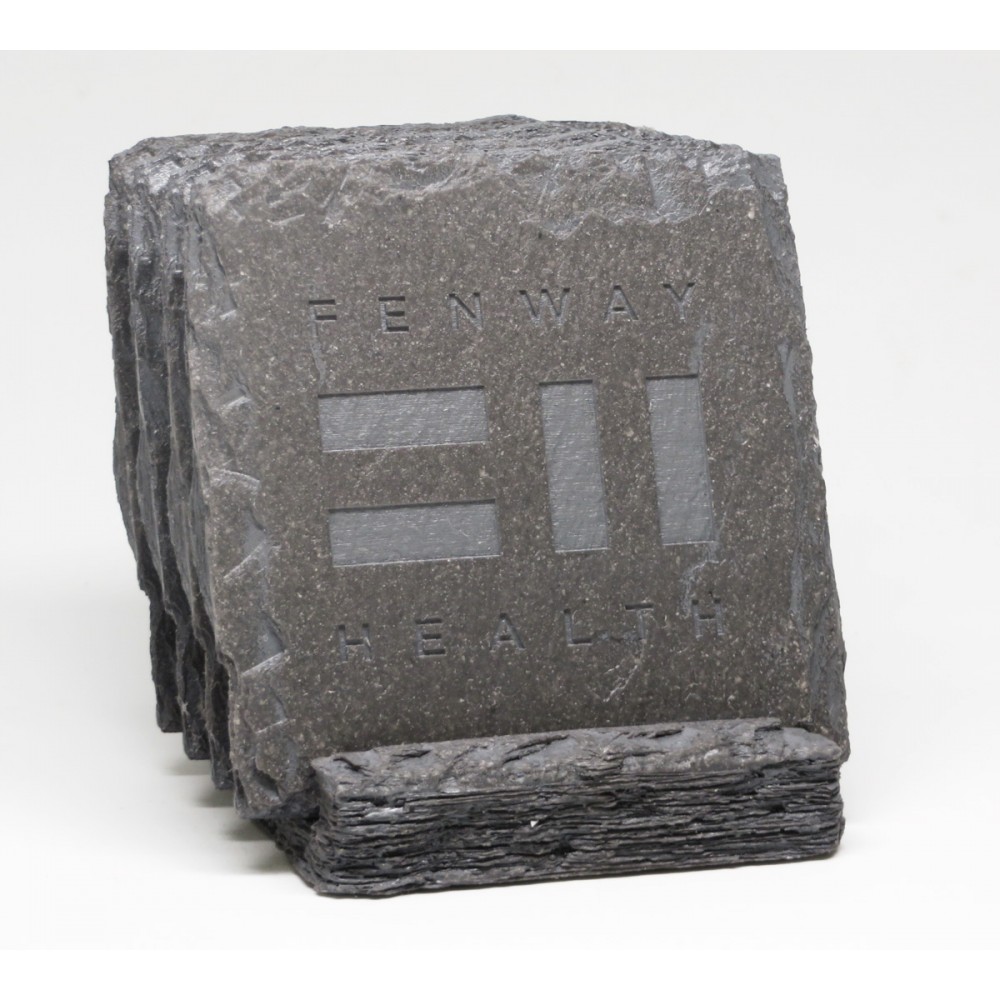 4-Pc Square Slate-Texture Coaster Set w/Base w/Wash with Logo