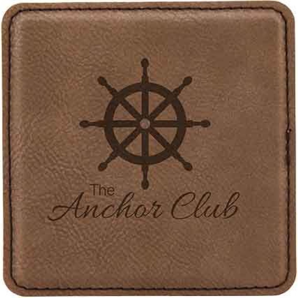 Square Coaster, Dark Brown Faux Leather, 4x4 with Logo