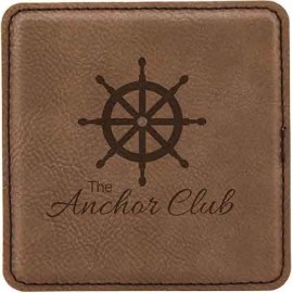 Square Coaster, Dark Brown Faux Leather, 4x4 with Logo