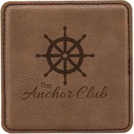Square Coaster, Dark Brown Faux Leather, 4x4 with Logo  Square Coaster, Dark Brown Faux Leather, 4x4 with Logo