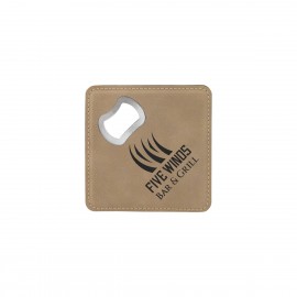 4" x 4" Square Light Brown Leatherette Coaster w/ Bottle Opener with Logo  4" x 4" Square Light Brown Leatherette Coaster w/ Bottle Opener with Logo