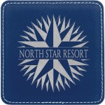 4" x 4" Square Blue/Silver Laser Engraved Leatherette Coaster with Logo