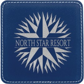 4" x 4" Square Blue/Silver Laser Engraved Leatherette Coaster with Logo  4" x 4" Square Blue/Silver Laser Engraved Leatherette Coaster with Logo