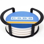 Custom Imprinted 4 Pc. Round Ceramic Coaster Set In Black Metal Stand