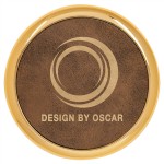 3 5/8" Round Rustic/Gold Laserable Leatherette Coaster w/ Gold Edge Custom Printed