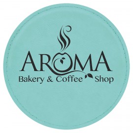 4" Round Laserable Coaster, Teal Leatherette with Logo