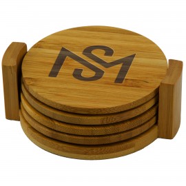 Round Bamboo Coaster Set with Wood Stand with Logo