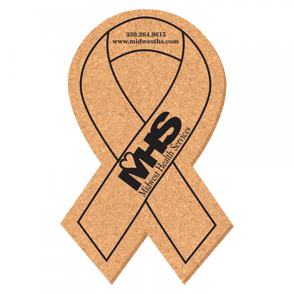 Logo Branded 6 3/4" x 4" Awareness Ribbon Shape Solid Cork Coasters