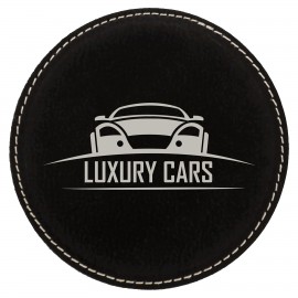 Round Coaster, Black Faux Leather, 4" Dia with Logo