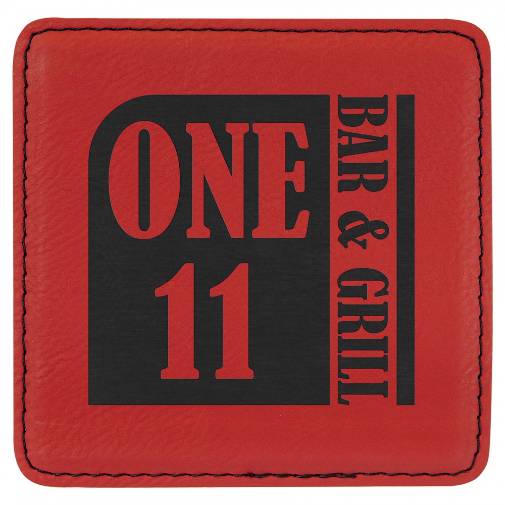 4" x 4" Square Laserable Coaster, Red Leatherette with Logo
