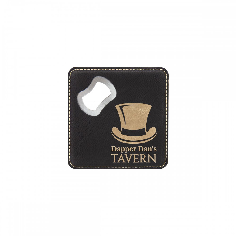 4" x 4" Square Black/Gold Leatherette Coaster w/ Bottle Opener with Logo