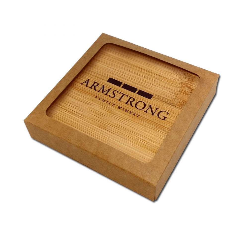 Laser Etched Set of 4 Square Bamboo Coasters Logo Branded Laser Etched Set of 4 Square Bamboo Coasters Logo Branded