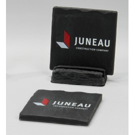 2-Pc Square Shale-Texture Coaster Set w/Base (UV Print) with Logo