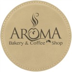 4" Round Laserable Coaster, Light Brown Leatherette with Logo