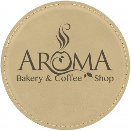 Customized 4" Round Laserable Coaster, Light Brown Leatherette