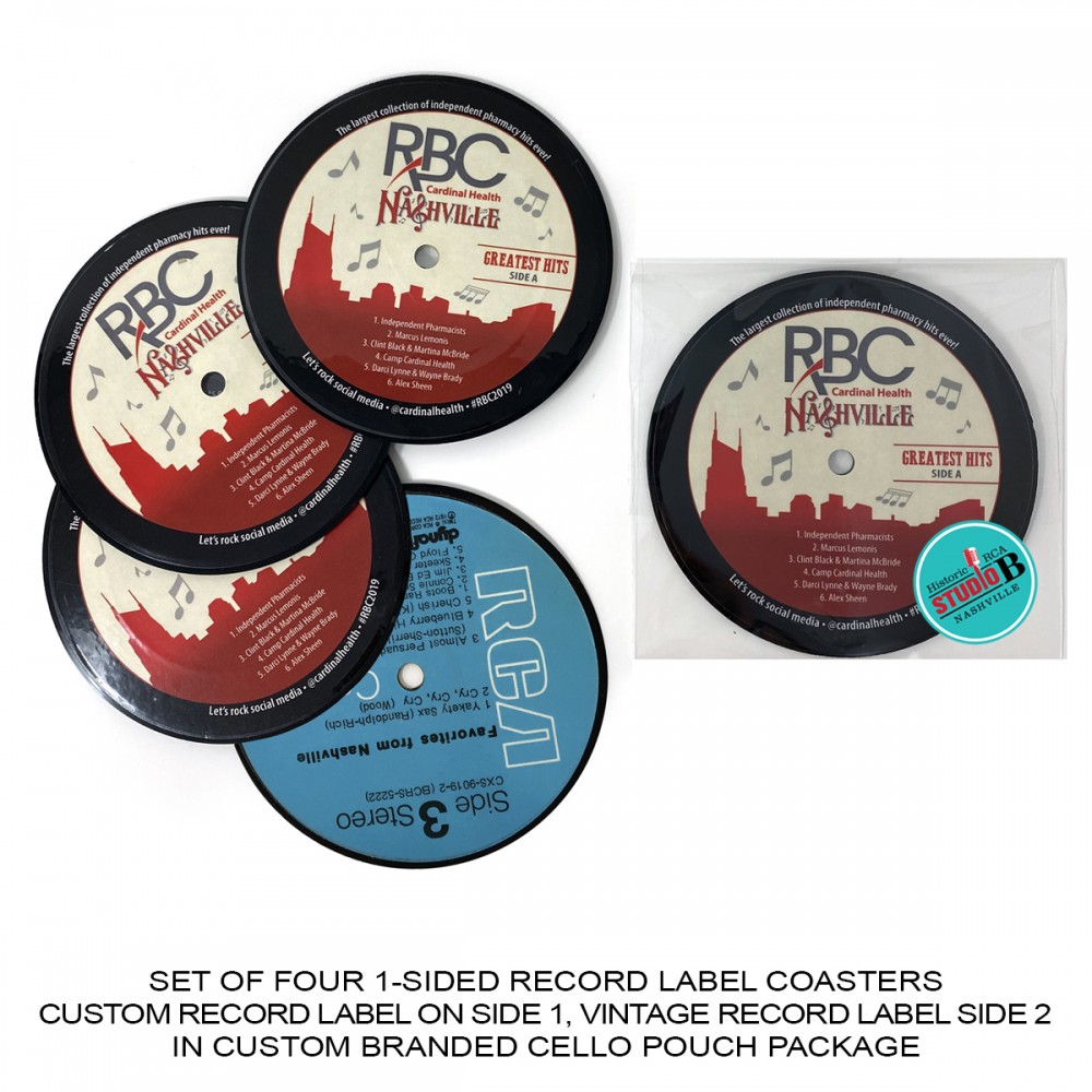Promotional 1-Sided Record Label Coasters - Set of 4 - Custom Cello Pouch (Label on Front)