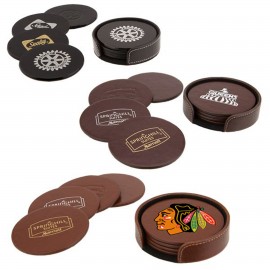 Atlantis Bonded Leather Round Coaster Set (Brown) with Logo