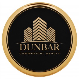 3 5/8" Round Black/Gold Laserable Leatherette Coaster w/ Gold Edge Logo Branded