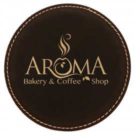 Customized 4" Round Laserable Coaster, Black-Gold Leatherette  Customized 4" Round Laserable Coaster, Black-Gold Leatherette