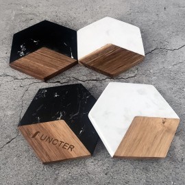 Logo Branded Hexagon Marble & Wood Coaster for Kitchen and Coffee Table Decor