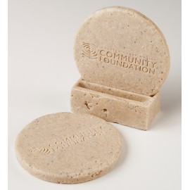Custom 2-Pc Round Travertine-Texture Coaster Set w/Base