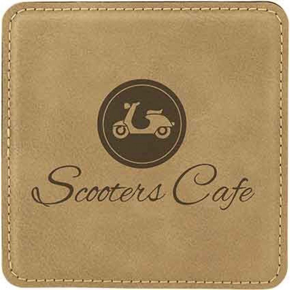 Square Coaster, Light Brown Faux Leather, 4x4 with Logo