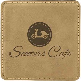 Square Coaster, Light Brown Faux Leather, 4x4 with Logo