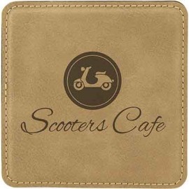 Square Coaster, Light Brown Faux Leather, 4x4 with Logo  Square Coaster, Light Brown Faux Leather, 4x4 with Logo