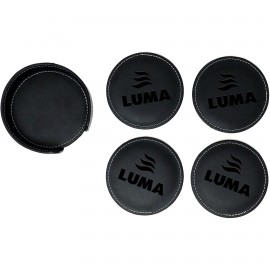 Benson Bonded Leather Coasters: 4 piece Set in Holder with Logo  Benson Bonded Leather Coasters: 4 piece Set in Holder with Logo