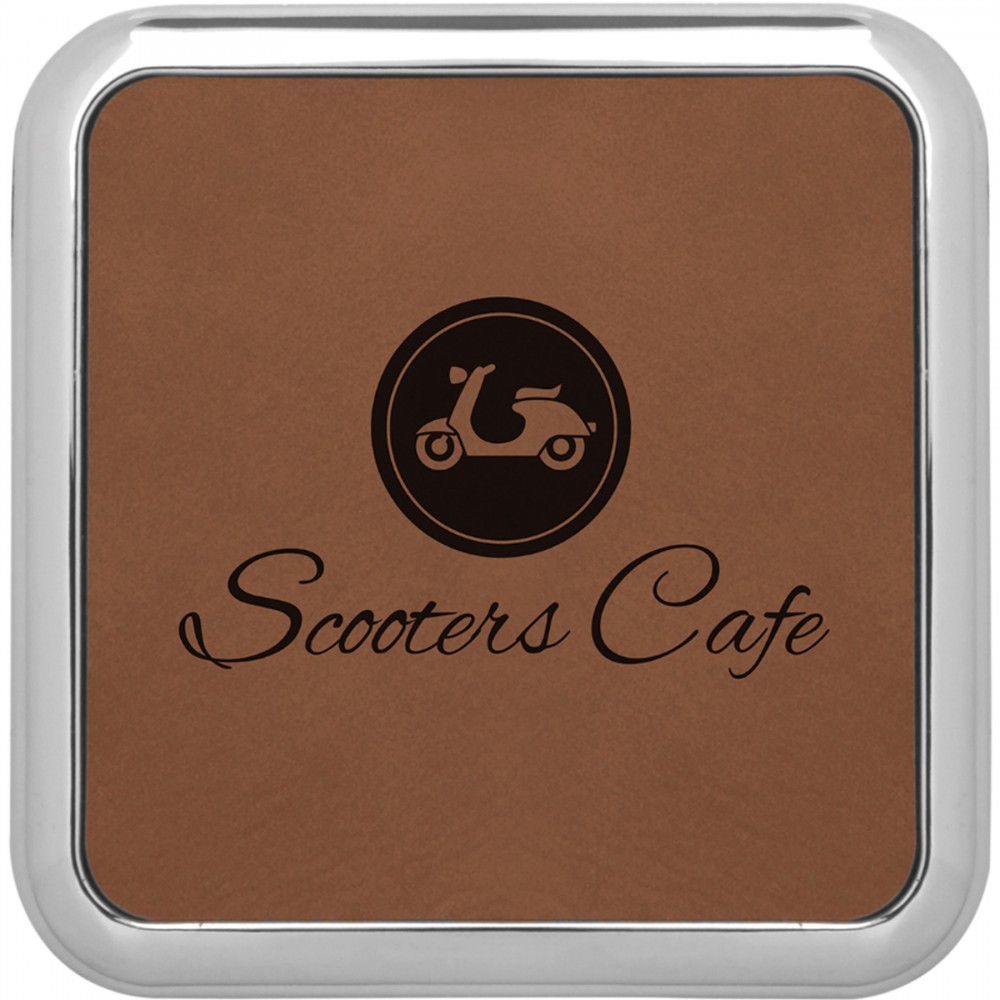 Logo Branded 3 5/8" x 3 5/8" Square Dark Brown Laserable Leatherette Coaster w/Silver Edge Logo Branded 3 5/8" x 3 5/8" Square Dark Brown Laserable Leatherette Coaster w/Silver Edge