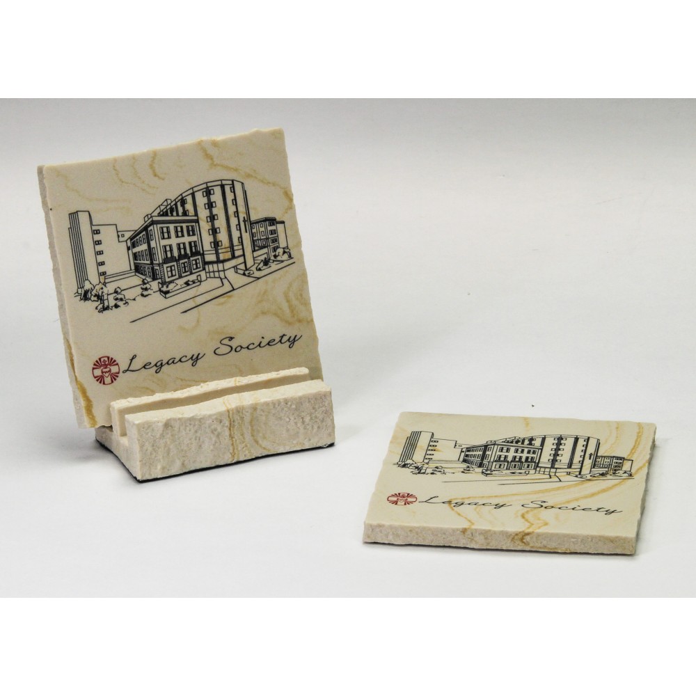 Customized 2-Pc Square Limestone Edge Coaster Set w/Base