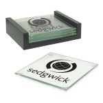 4 piece Glass 3.5" Square Coaster Set with a Black wooden Holder with Logo