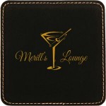 Logo Branded Square Coaster, Black Faux Leather, 4x4"