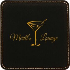 Logo Branded Square Coaster, Black Faux Leather, 4x4"