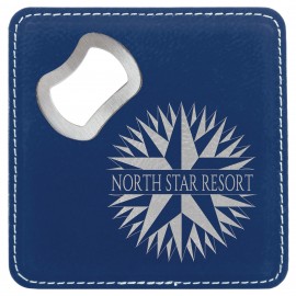 Square Blue/Silver Laser Engraved Leatherette Coaster with Bottle Opener (4" x 4") with Logo