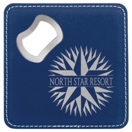 Square Blue/Silver Laser Engraved Leatherette Coaster with Bottle Opener (4" x 4") with Logo  Square Blue/Silver Laser Engraved Leatherette Coaster with Bottle Opener (4" x 4") with Logo