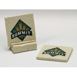Personalized 2-Pc Square Limestone-Texture Coaster Set w/Base (UV Print)