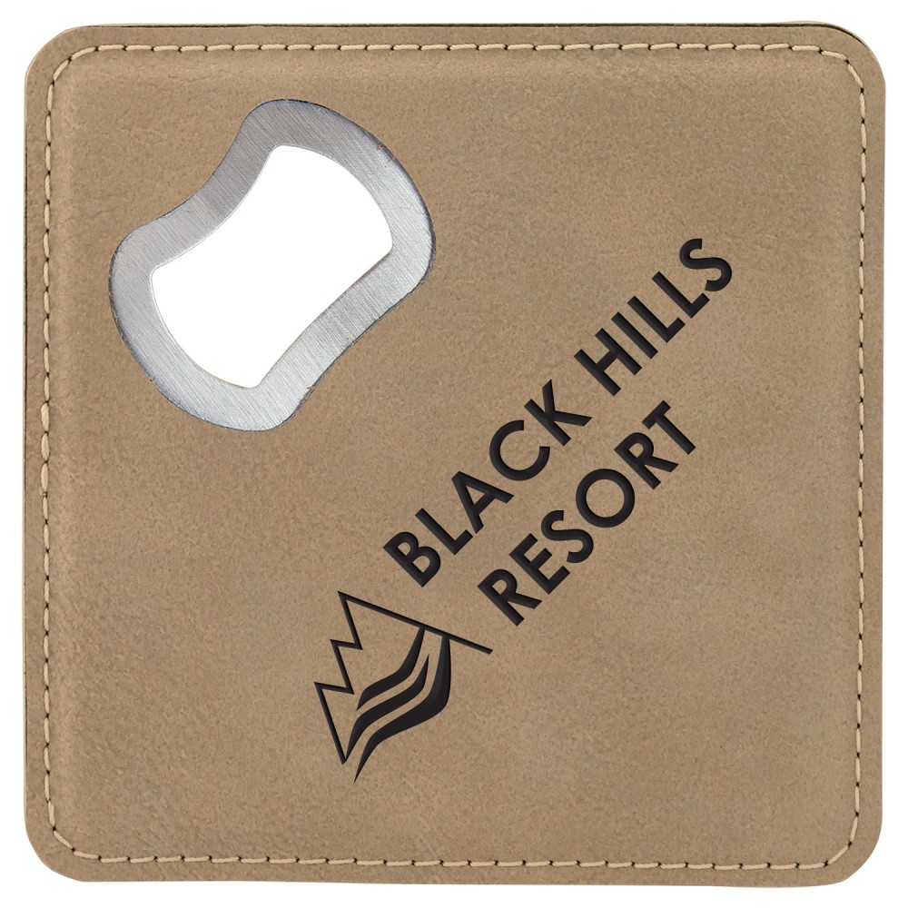 Leatherette Bottle Opener Coaster, Light Brown with Logo