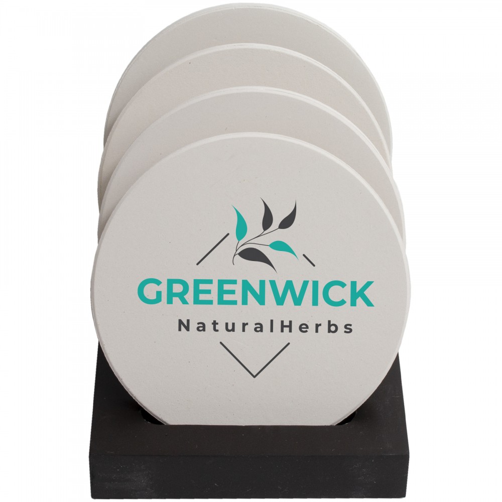 Logo Branded Round Ceramic Coaster: 4 Pc. Set with Stand Logo Branded Round Ceramic Coaster: 4 Pc. Set with Stand