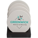 Logo Branded Round Ceramic Coaster: 4 Pc. Set with Stand
